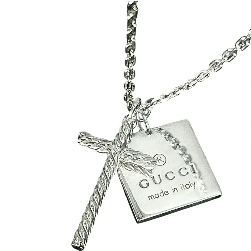 Gucci Sterling Silver Cross & Logo Tag Pendant Necklace - Box Included - Picture 8 of 9